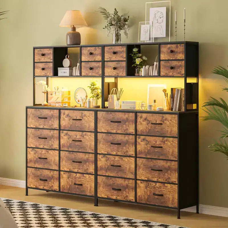 Dresser for Bedroom, 12-Drawer Fabric Chest with Lighting, Power Outlet and Open Shelves, Wood Top & Metal Frame