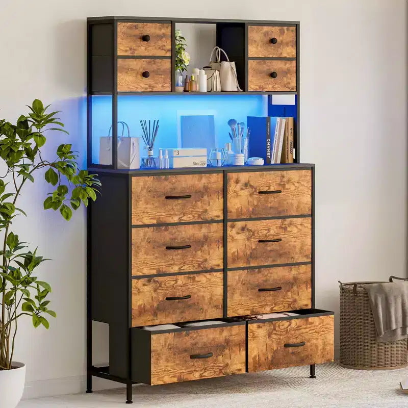 Dresser for Bedroom, 12-Drawer Fabric Chest with Lighting, Power Outlet and Open Shelves, Wood Top & Metal Frame