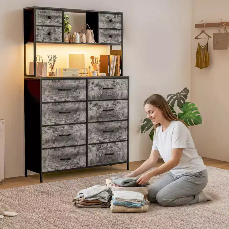 Dresser for Bedroom, 12-Drawer Fabric Chest with Lighting, Power Outlet and Open Shelves, Wood Top & Metal Frame