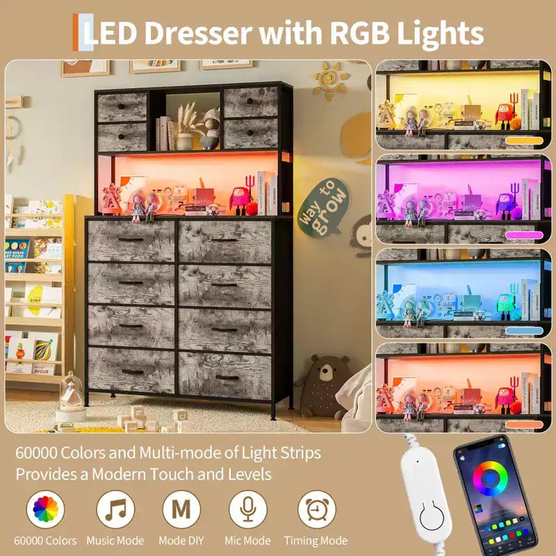 Dresser for Bedroom, 12-Drawer Fabric Chest with Lighting, Power Outlet and Open Shelves, Wood Top & Metal Frame
