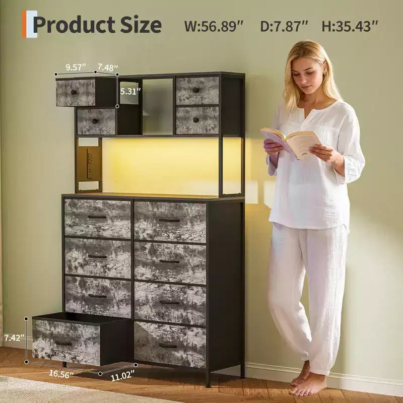 Dresser for Bedroom, 12-Drawer Fabric Chest with Lighting, Power Outlet and Open Shelves, Wood Top & Metal Frame