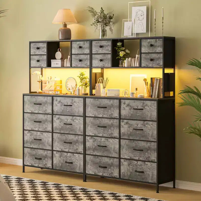 Dresser for Bedroom, 12-Drawer Fabric Chest with Lighting, Power Outlet and Open Shelves, Wood Top & Metal Frame