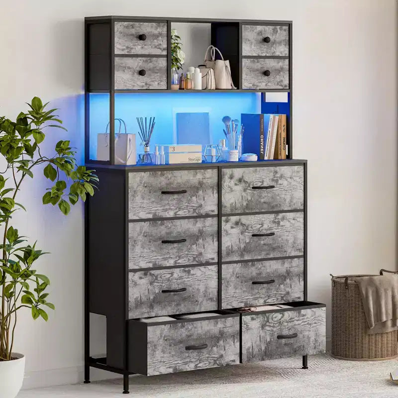 Dresser for Bedroom, 12-Drawer Fabric Chest with Lighting, Power Outlet and Open Shelves, Wood Top & Metal Frame
