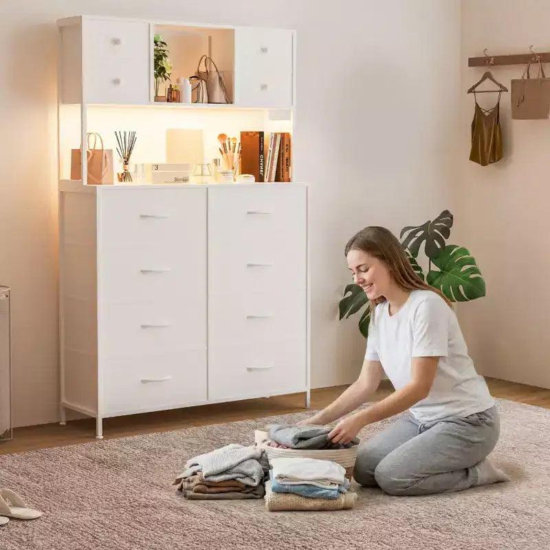 Dresser for Bedroom, 12-Drawer Fabric Chest with Lighting, Power Outlet and Open Shelves, Wood Top & Metal Frame