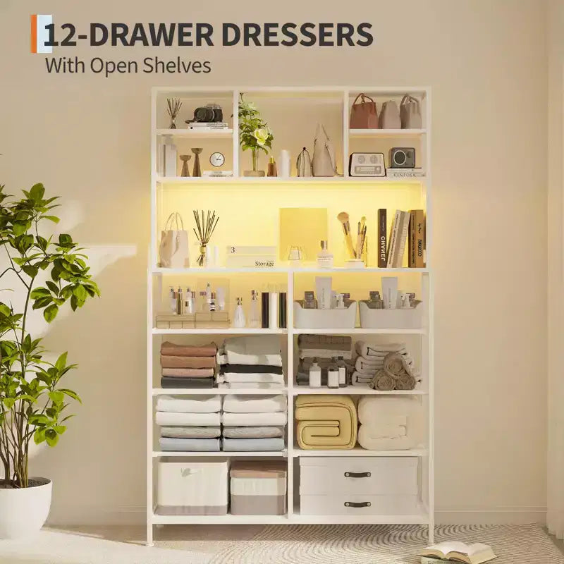 Dresser for Bedroom, 12-Drawer Fabric Chest with Lighting, Power Outlet and Open Shelves, Wood Top & Metal Frame
