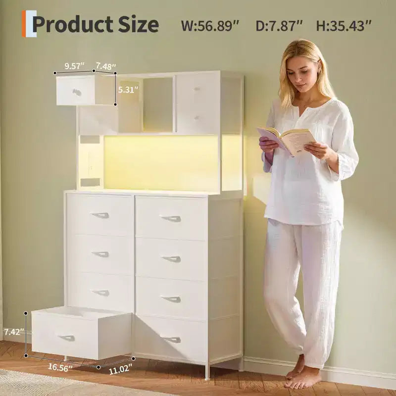 Dresser for Bedroom, 12-Drawer Fabric Chest with Lighting, Power Outlet and Open Shelves, Wood Top & Metal Frame
