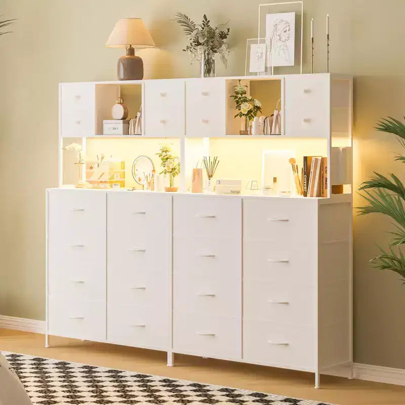 Dresser for Bedroom, 12-Drawer Fabric Chest with Lighting, Power Outlet and Open Shelves, Wood Top & Metal Frame