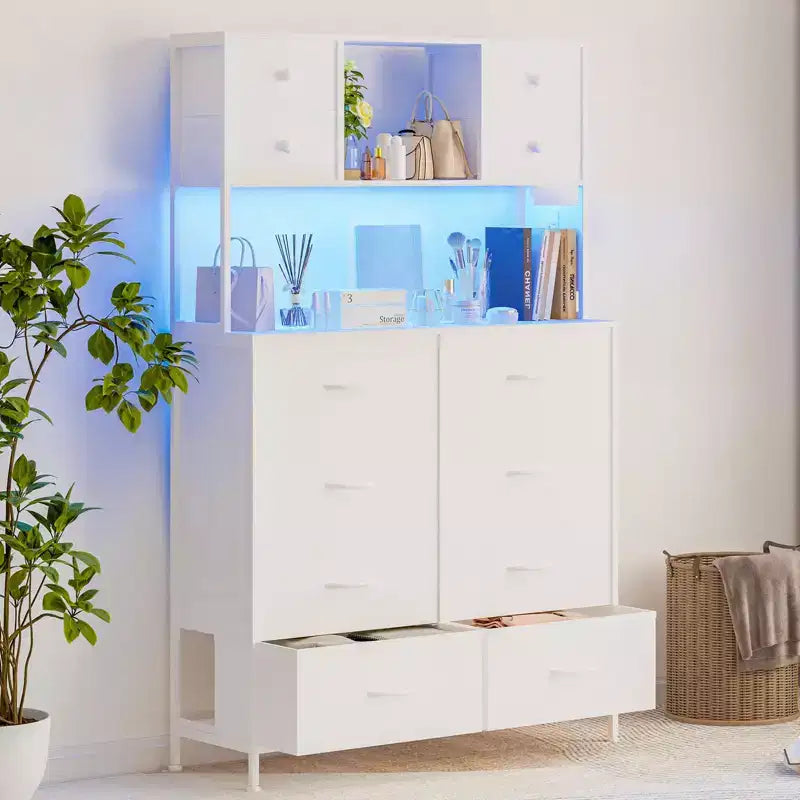 Dresser for Bedroom, 12-Drawer Fabric Chest with Lighting, Power Outlet and Open Shelves, Wood Top & Metal Frame