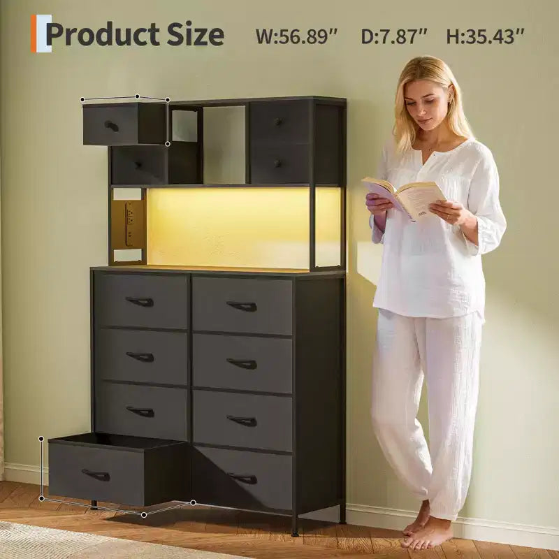 Dresser for Bedroom, 12-Drawer Fabric Chest with Lighting, Power Outlet and Open Shelves, Wood Top & Metal Frame