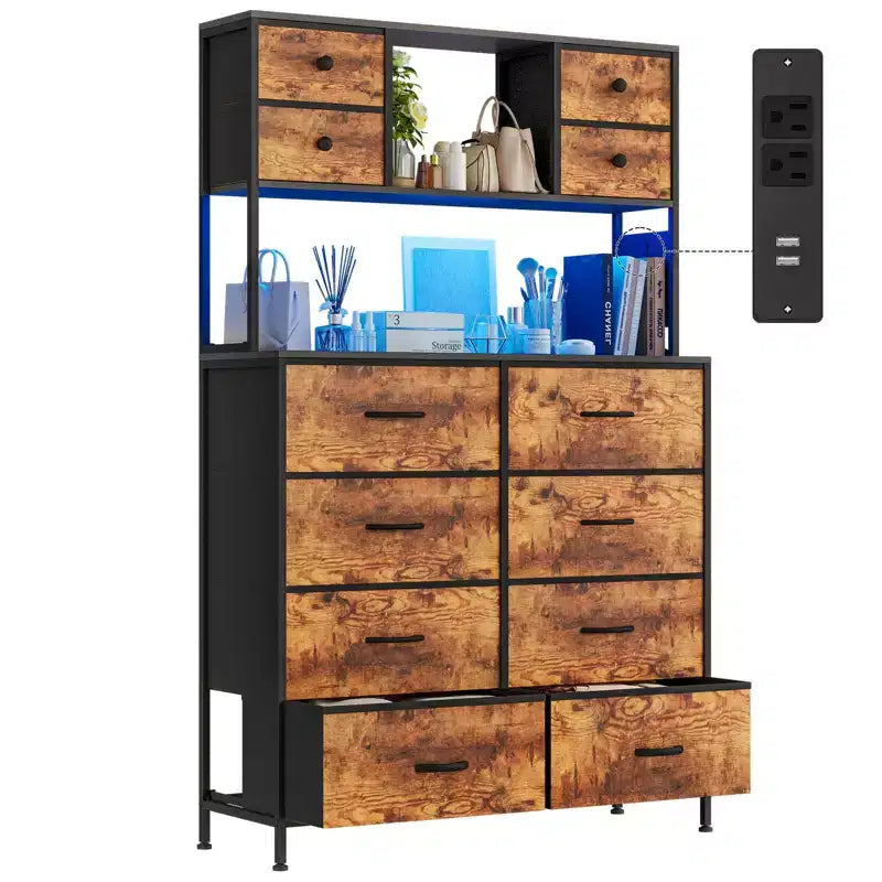Dresser for Bedroom, 12-Drawer Fabric Chest with Lighting, Power Outlet and Open Shelves, Wood Top & Metal Frame