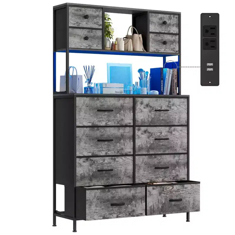 Dresser for Bedroom, 12-Drawer Fabric Chest with Lighting, Power Outlet and Open Shelves, Wood Top & Metal Frame