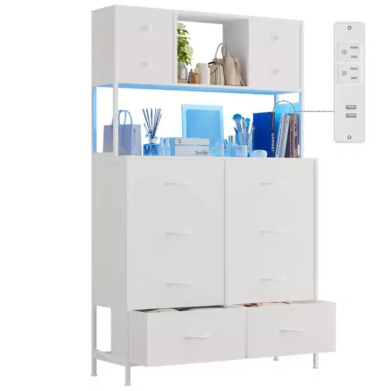 Dresser for Bedroom, 12-Drawer Fabric Chest with Lighting, Power Outlet and Open Shelves, Wood Top & Metal Frame