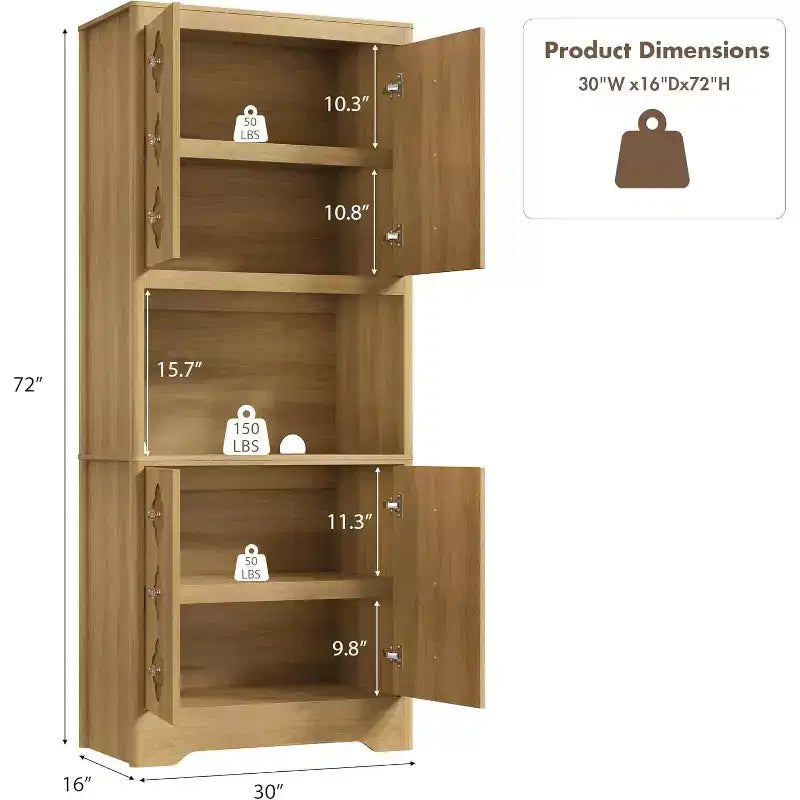 72 Tall Kitchen Pantry Cabinet - Freestanding Wooden Hutch Cupboard with Carved Door & Crystal Handle for Dining Living Room