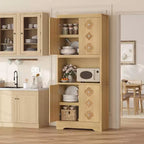Garde-manger haut de cuisine de 72 po – Armoire vaisselier autoportante en bois avec porte sculptée et poignée en cristal pour salle à manger/salon