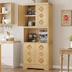 Garde-manger haut de cuisine de 72 po – Armoire vaisselier autoportante en bois avec porte sculptée et poignée en cristal pour salle à manger/salon