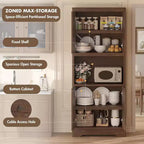 Garde-manger haut de cuisine de 72 po – Armoire vaisselier autoportante en bois avec porte sculptée et poignée en cristal pour salle à manger/salon