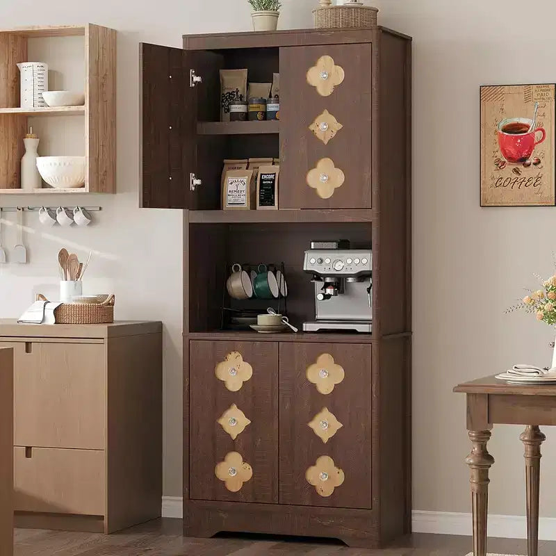 72 Tall Kitchen Pantry Cabinet - Freestanding Wooden Hutch Cupboard with Carved Door & Crystal Handle for Dining Living Room