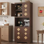 Garde-manger haut de cuisine de 72 po – Armoire vaisselier autoportante en bois avec porte sculptée et poignée en cristal pour salle à manger/salon