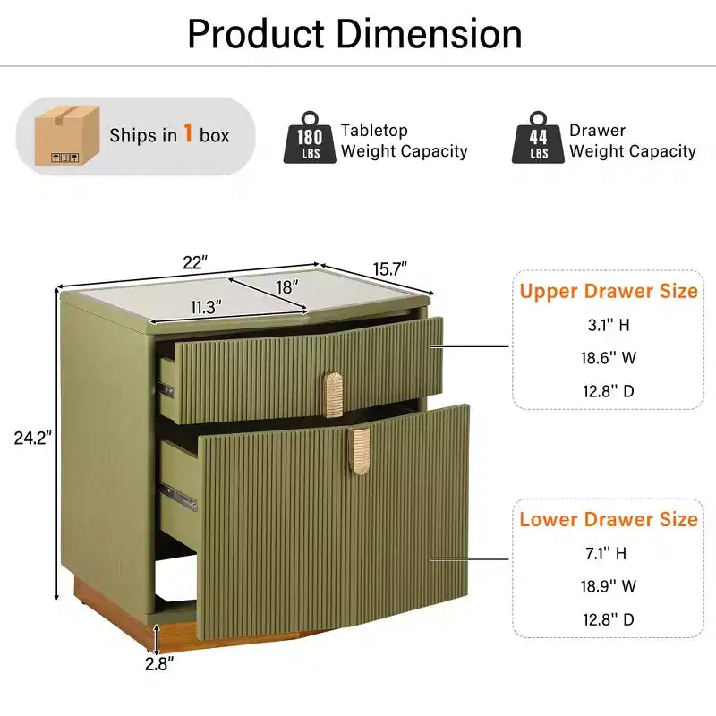 Modern Bulging Storage Nightstand with 2 Drawers
