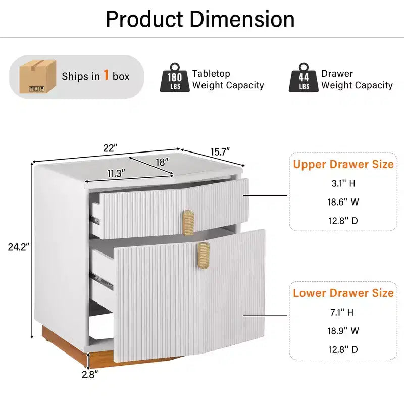 Modern Bulging Storage Nightstand with 2 Drawers