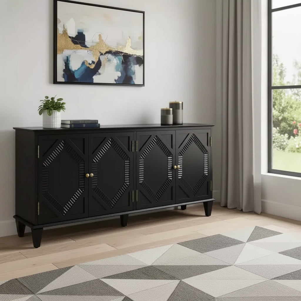 66" Black Wood Carved Geometric Accent Cabinet with Four Doors