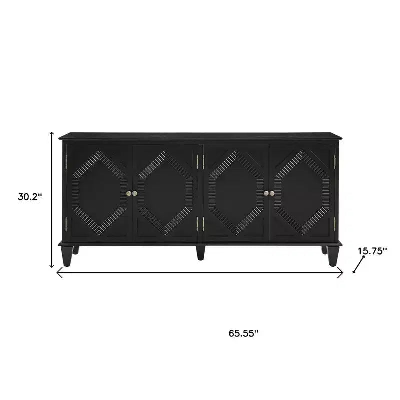 66" Black Wood Carved Geometric Accent Cabinet with Four Doors