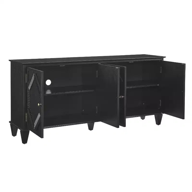 66" Black Wood Carved Geometric Accent Cabinet with Four Doors