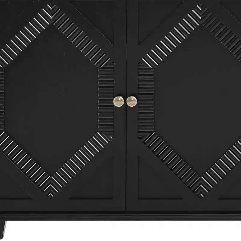 66" Black Wood Carved Geometric Accent Cabinet with Four Doors