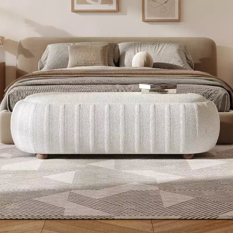 Modern Wooden Boucle Upholstered Oval Ottoman