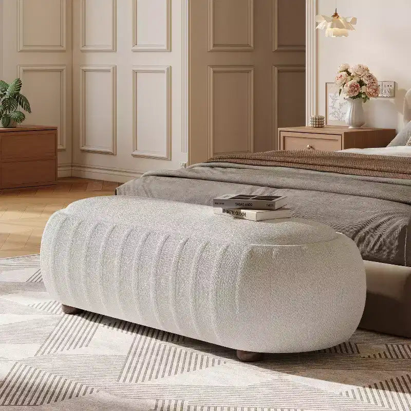 Modern Wooden Boucle Upholstered Oval Ottoman