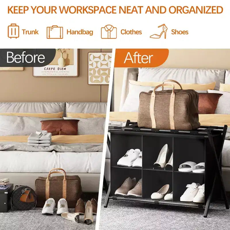 Folding Luggage Rack with 6-Cube Fabric Storage Shelf for Guest Room