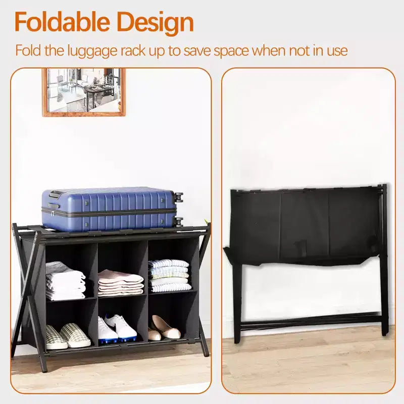 Folding Luggage Rack with 6-Cube Fabric Storage Shelf for Guest Room