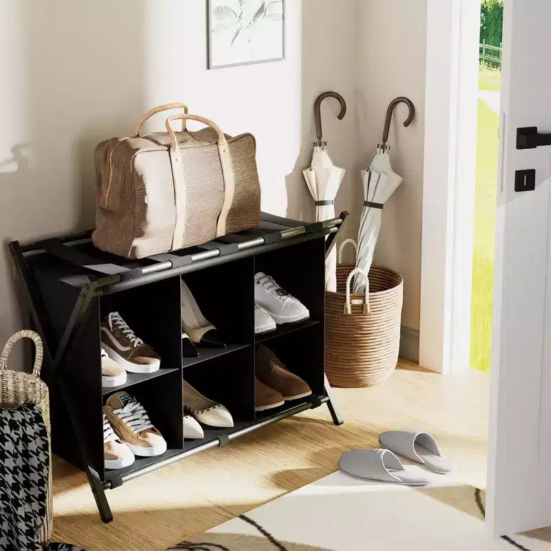 Folding Luggage Rack with 6-Cube Fabric Storage Shelf for Guest Room