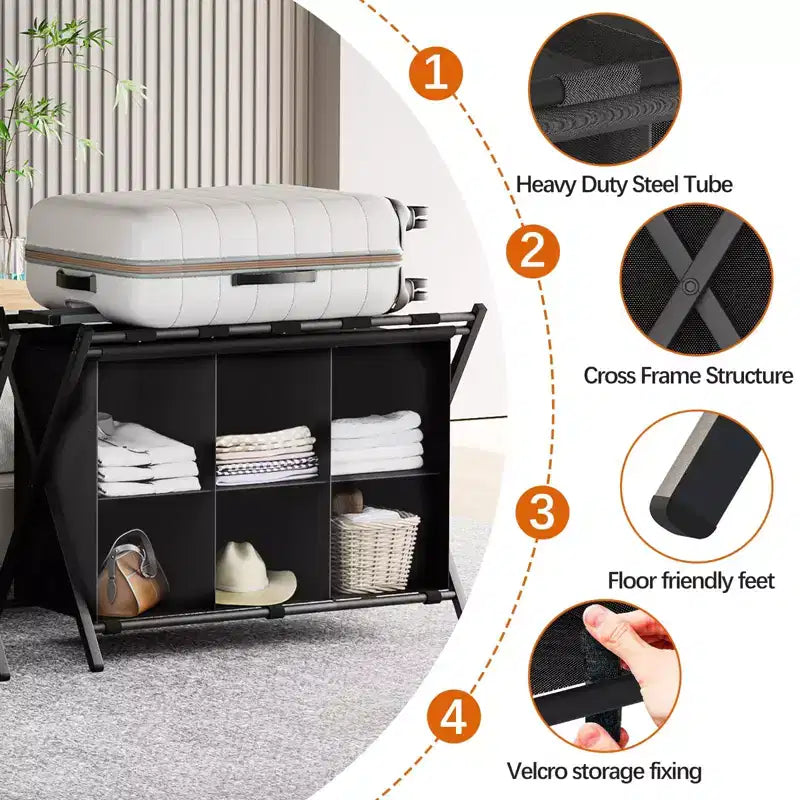 Folding Luggage Rack with 6-Cube Fabric Storage Shelf for Guest Room