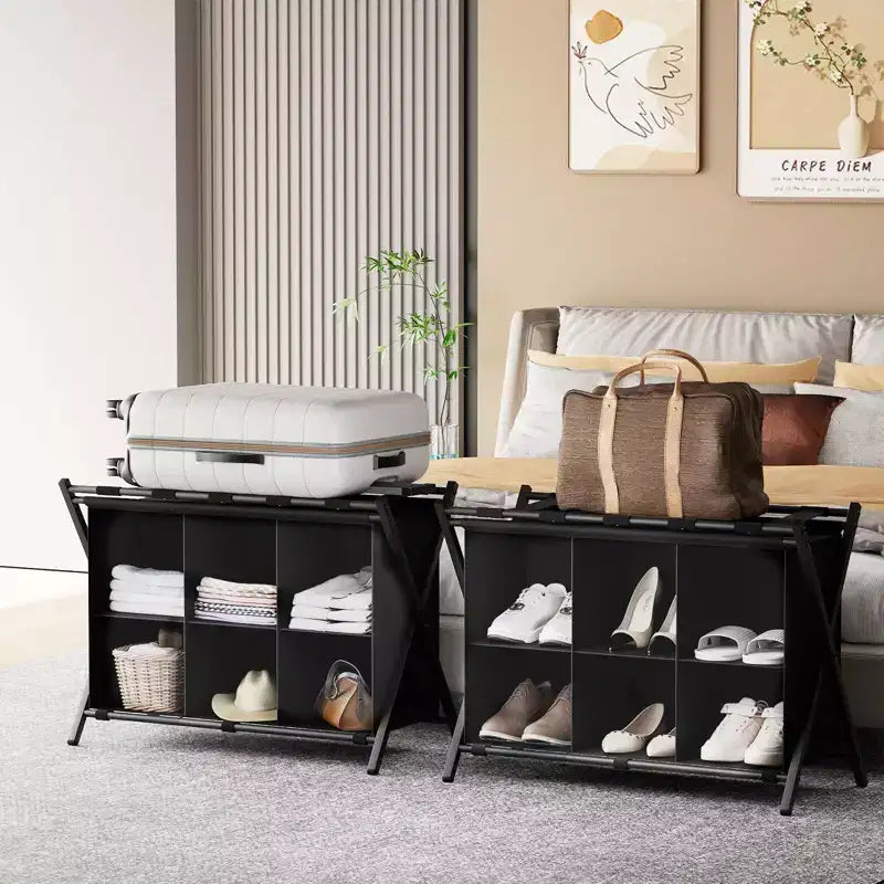 Folding Luggage Rack with 6-Cube Fabric Storage Shelf for Guest Room