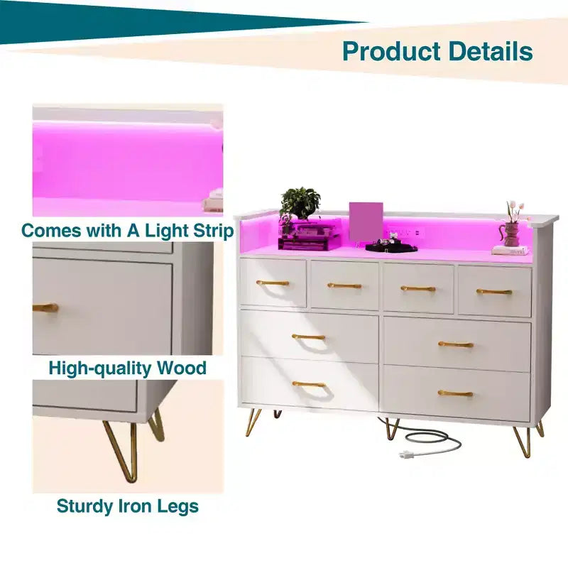 Modern 8-Drawer Storage Cabinet with LED Lights & Charging Station, Wooden Organizer with Open Shelf for Bedroom, Living Room, Entryway