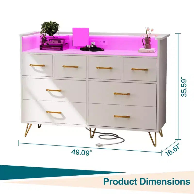 Modern 8-Drawer Storage Cabinet with LED Lights & Charging Station, Wooden Organizer with Open Shelf for Bedroom, Living Room, Entryway
