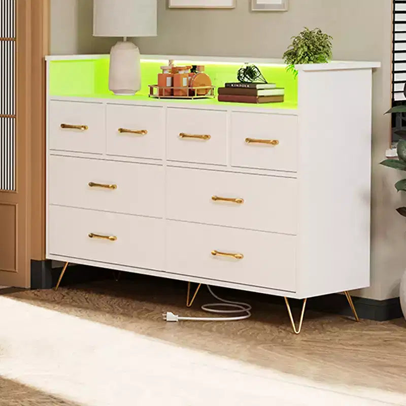 Modern 8-Drawer Storage Cabinet with LED Lights & Charging Station, Wooden Organizer with Open Shelf for Bedroom, Living Room, Entryway