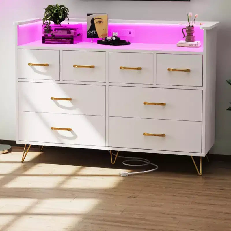 Modern 8-Drawer Storage Cabinet with LED Lights & Charging Station, Wooden Organizer with Open Shelf for Bedroom, Living Room, Entryway