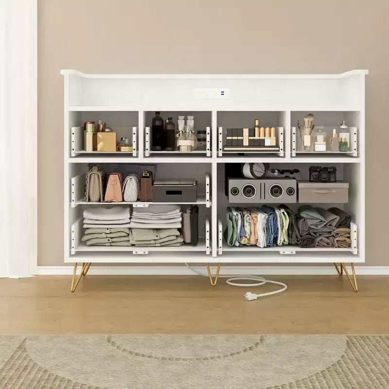 Modern 8-Drawer Storage Cabinet with LED Lights & Charging Station, Wooden Organizer with Open Shelf for Bedroom, Living Room, Entryway