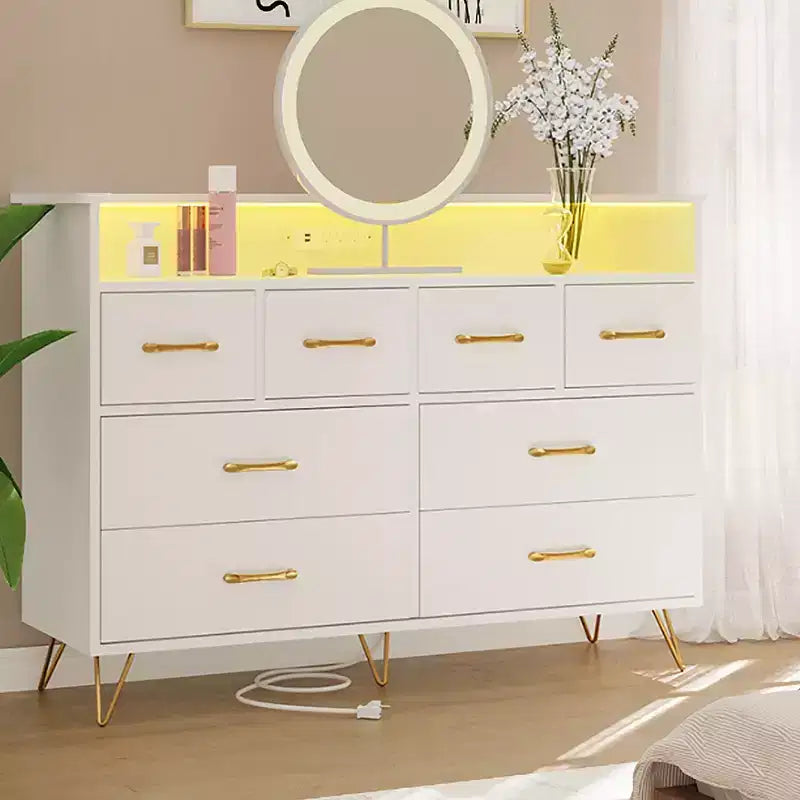 Modern 8-Drawer Storage Cabinet with LED Lights & Charging Station, Wooden Organizer with Open Shelf for Bedroom, Living Room, Entryway