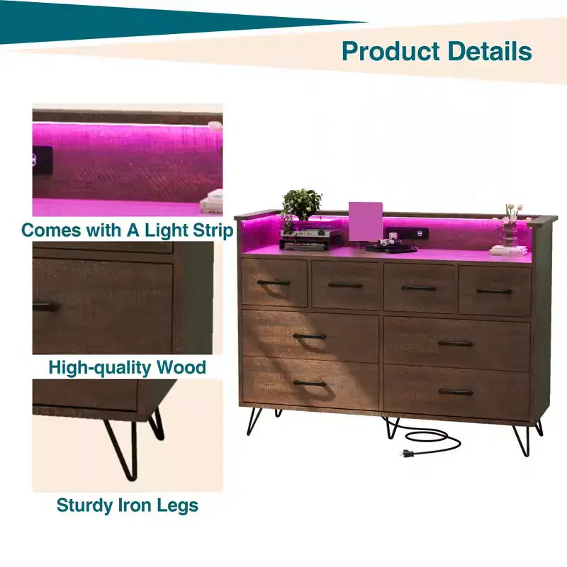 Modern 8-Drawer Storage Cabinet with LED Lights & Charging Station, Wooden Organizer with Open Shelf for Bedroom, Living Room, Entryway