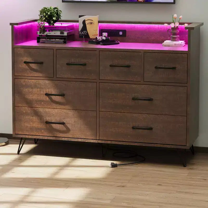 Modern 8-Drawer Storage Cabinet with LED Lights & Charging Station, Wooden Organizer with Open Shelf for Bedroom, Living Room, Entryway