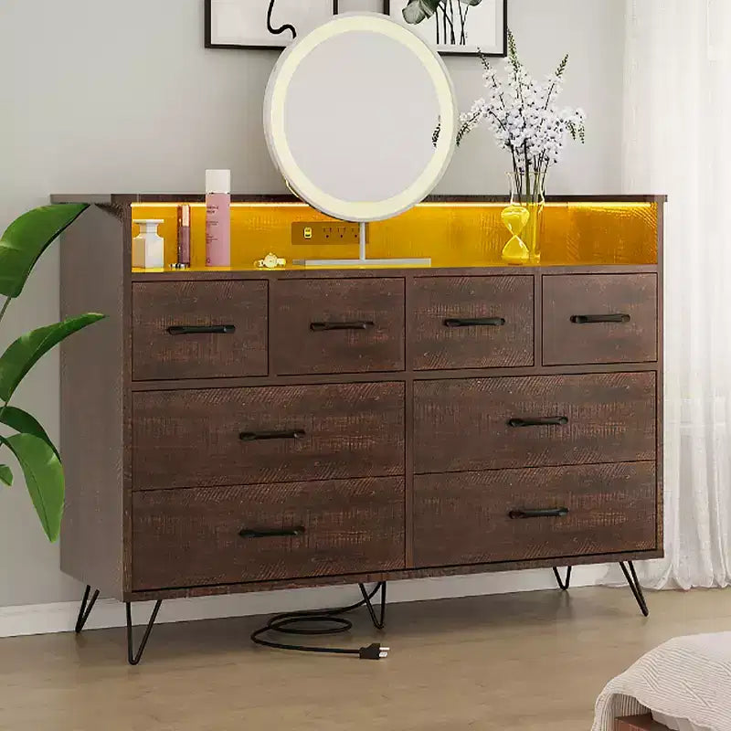 Modern 8-Drawer Storage Cabinet with LED Lights & Charging Station, Wooden Organizer with Open Shelf for Bedroom, Living Room, Entryway