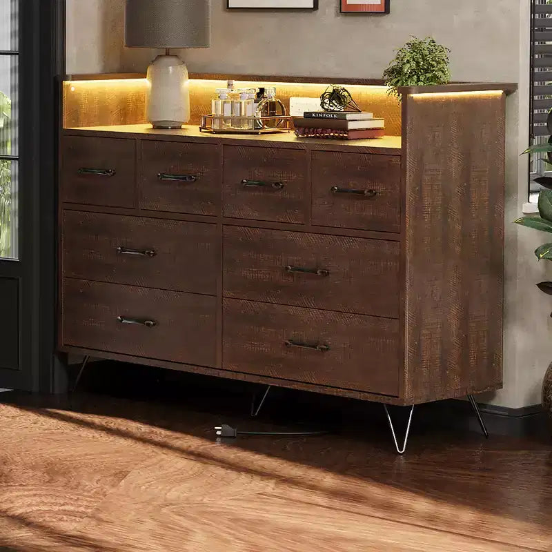 Modern 8-Drawer Storage Cabinet with LED Lights & Charging Station, Wooden Organizer with Open Shelf for Bedroom, Living Room, Entryway