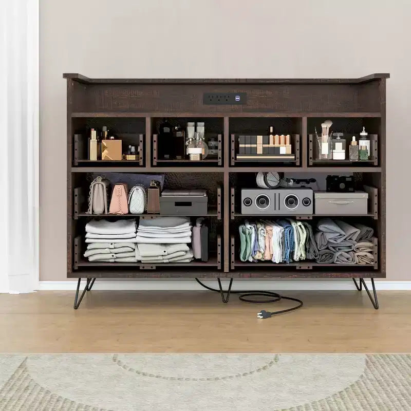 Modern 8-Drawer Storage Cabinet with LED Lights & Charging Station, Wooden Organizer with Open Shelf for Bedroom, Living Room, Entryway