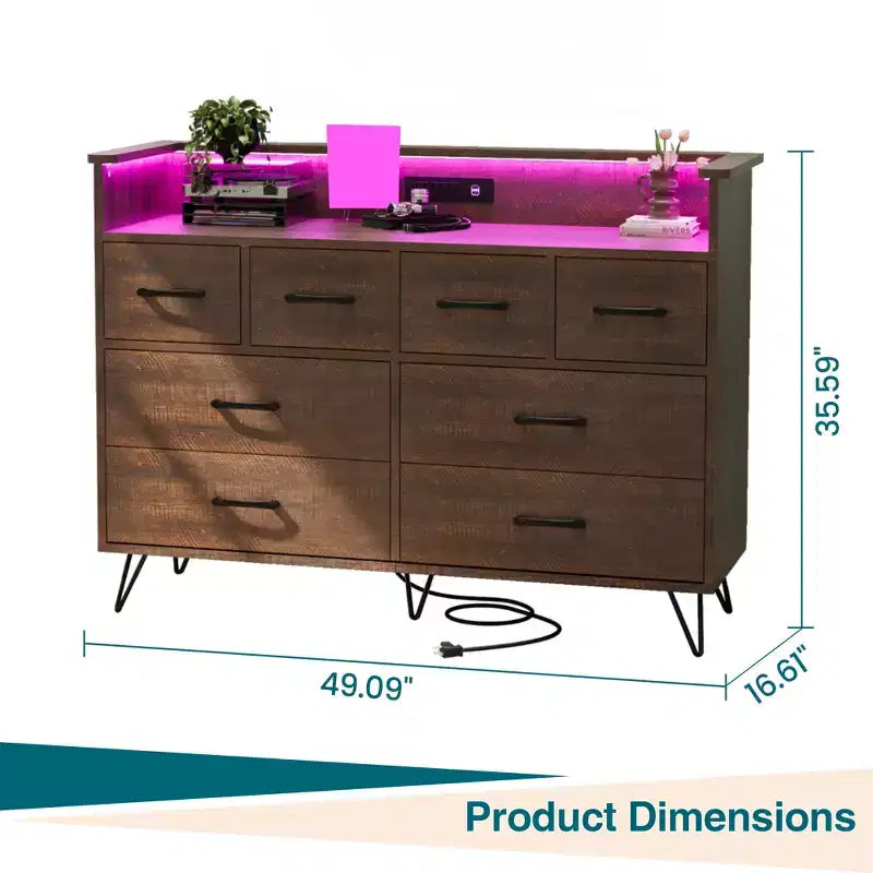 Modern 8-Drawer Storage Cabinet with LED Lights & Charging Station, Wooden Organizer with Open Shelf for Bedroom, Living Room, Entryway