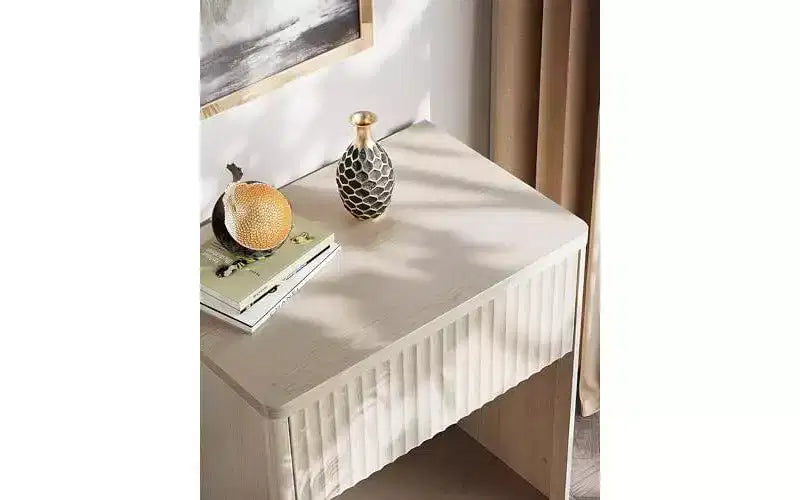 Fluted Wood Nightstand with Storage Drawer and Open Shelf, Mid Century Bed Side Table