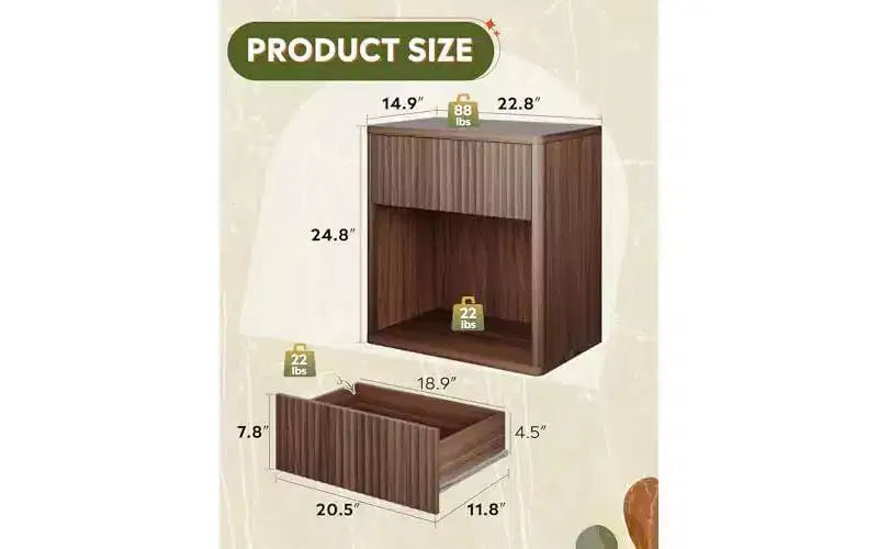 Fluted Wood Nightstand with Storage Drawer and Open Shelf, Mid Century Bed Side Table