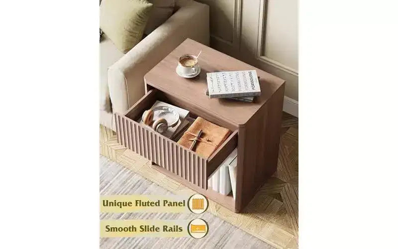 Fluted Wood Nightstand with Storage Drawer and Open Shelf, Mid Century Bed Side Table